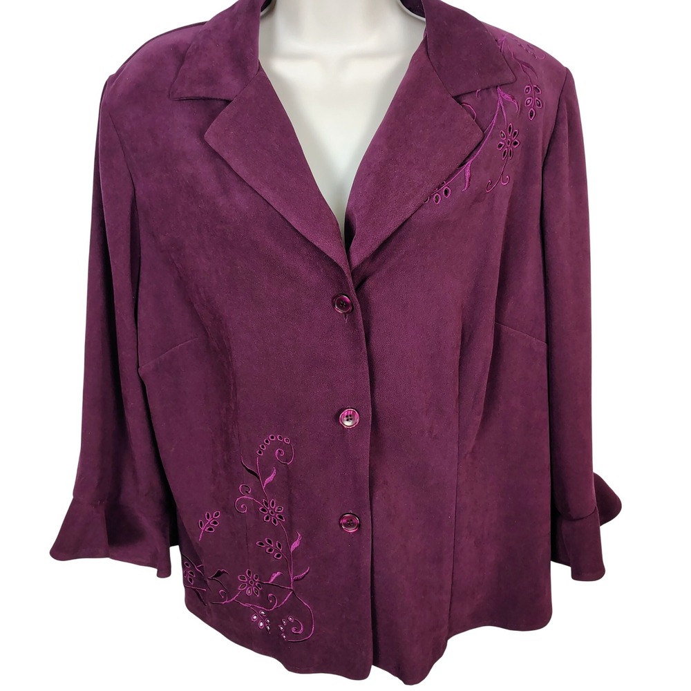 Studio I Purple Faux Suede Embroidered Blazer Jacket Plus Size 14W Ruffle Cuff